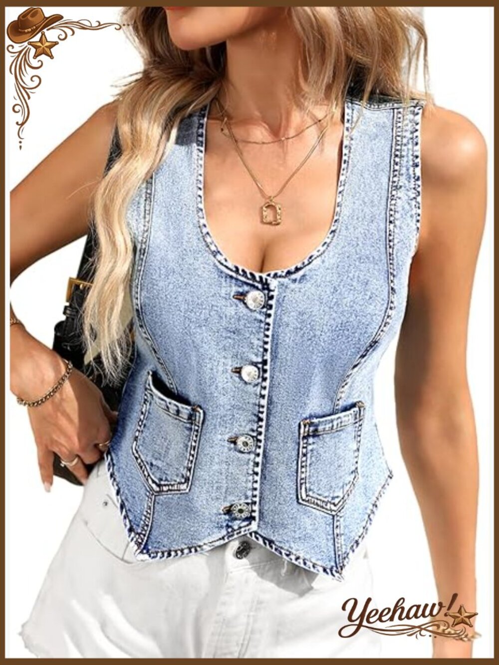 High Stretch Denim Vest V-Neck Sleeveless with Pockets